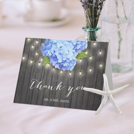 Blue Hydrangea String Lights Barn Wood Dank u Bedankkaart