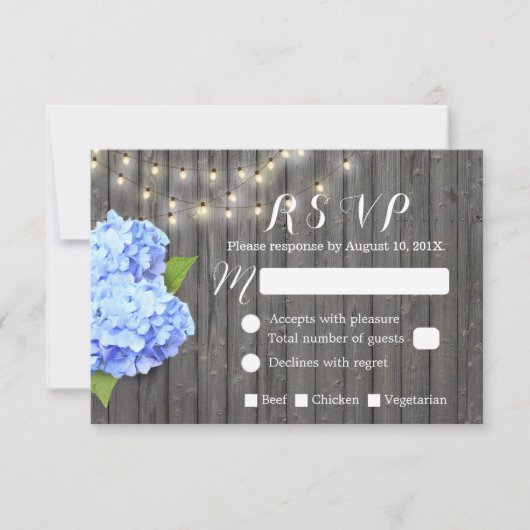 Blue Hydrangea & String Lights Barn Wood RSVP Kaartje (Voorkant)