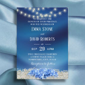Blue Hydrangea & String Lights Navy Blue Wedding Kaart