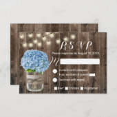 Blue Hydrangea & String Lights Rustic Wood RSVP (Voorkant / Achterkant)