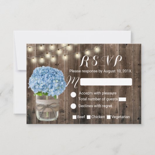 Blue Hydrangea & String Lights Rustic Wood RSVP Kaartje (Voorkant)