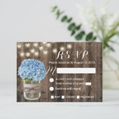 Blue Hydrangea & String Lights Rustic Wood RSVP Kaartje (Staand voorkant)