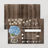 Blue Hydrangea & String Lights Rustic Wood RSVP Kaartje (Voorkant / Achterkant)