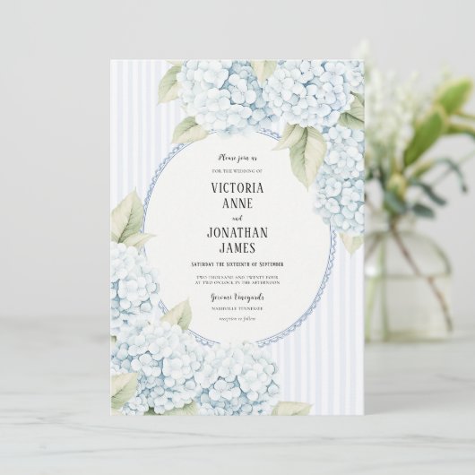 Blue Hydrangea Stripe Vintage Wedding Invitation (Debout devant)