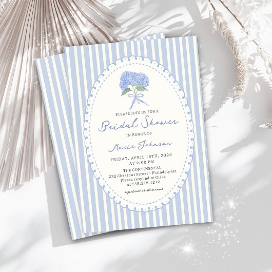 Blue Hydrangea Stripes Bridal Shower Invitation