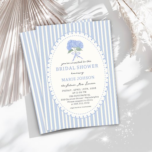 Blue Hydrangea Stripes Bridal Shower Invitation