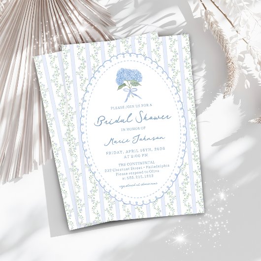 Blue Hydrangea Stripes Bridal Shower Invitation Kaart