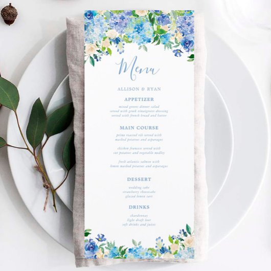 Blue Hydrangea Summer Floral Wedding Menus Menu
