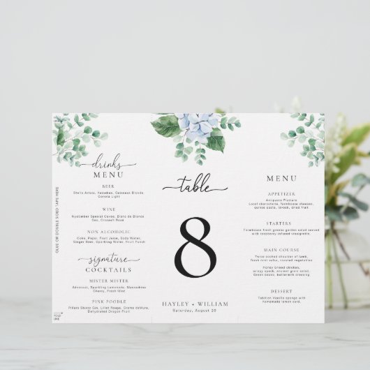 Blue Hydrangea Tri-Fold Mariage Menu Numéro de tab (Debout devant)