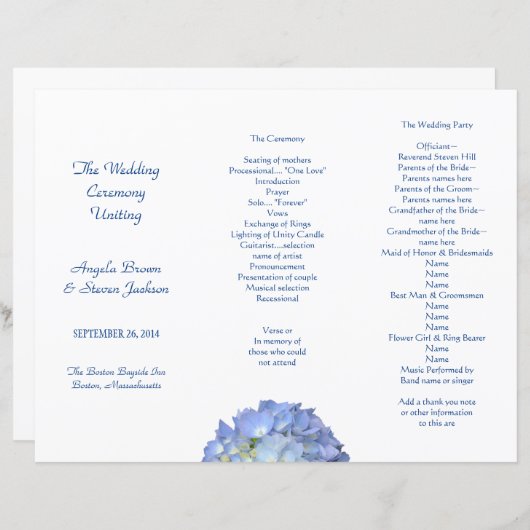 Blue Hydrangea Tri-Fold Wedding Program Sjabloon (Voorkant / Achterkant)