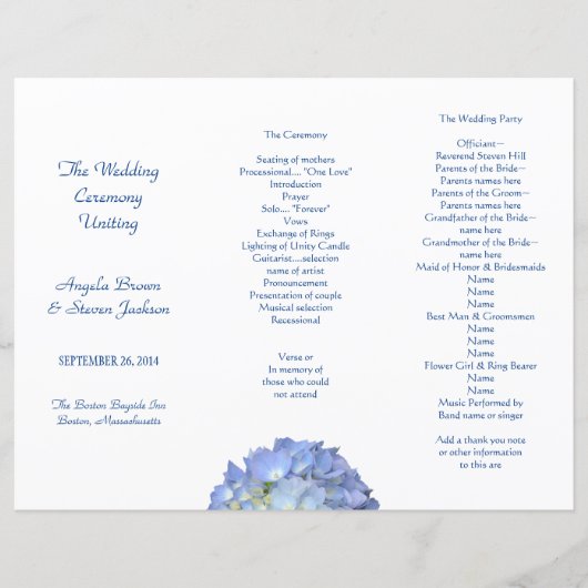 Blue Hydrangea Tri-Fold Wedding Programme Modèle (Devant)