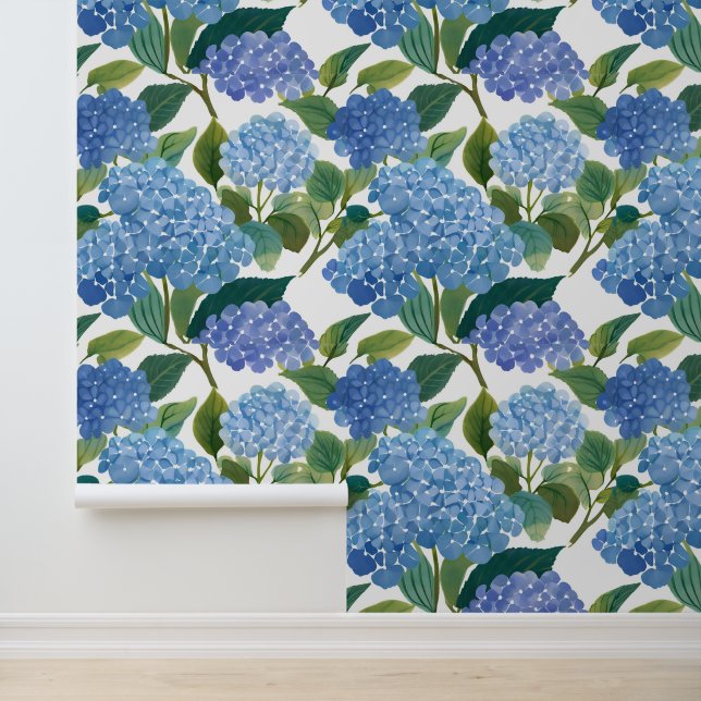 Blue Hydrangea Watercolor Floral Coastal Behang (Applicatie)