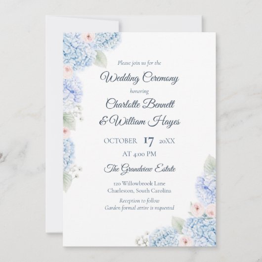 Blue Hydrangea Watercolor Floral Invitation (Devant)