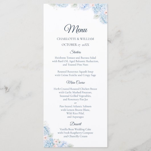 Blue Hydrangea Watercolor Floral Wedding Menu (Devant)