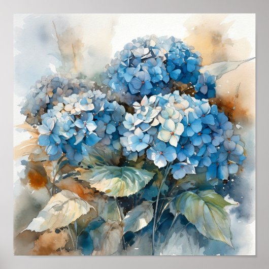 Blue Hydrangea Waterverf Art Print (Voorkant)
