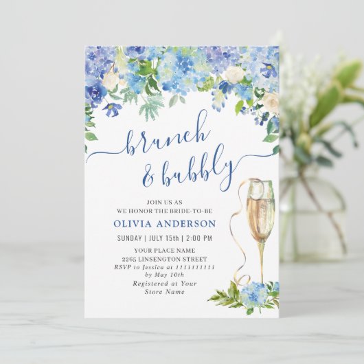 Blue Hydrangea Waterverf Bloemen Brunch en Bubbly Kaart (Staand voorkant)