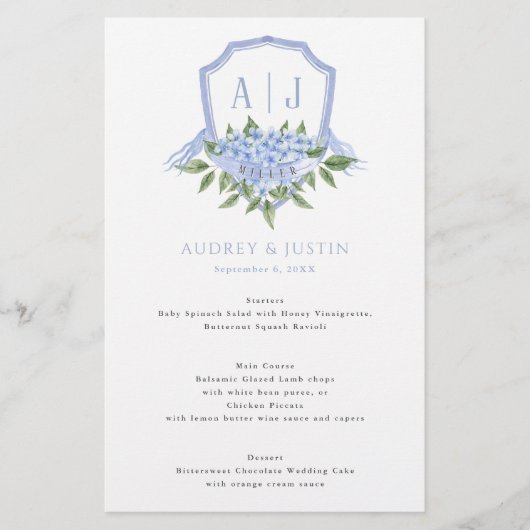 Blue Hydrangea Waterverf Crest Trouwpapier Menu (Voorkant)