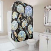 Blue Hydrangea Waterverf: Donker naadloos patroon Douchegordijn (In situ)