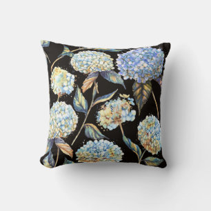 Blue Hydrangea Waterverf: Donker naadloos patroon Kussen