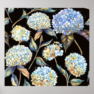 Blue Hydrangea Waterverf: Donker naadloos patroon Poster