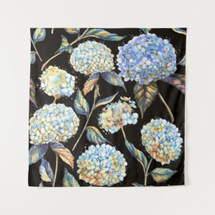 Blue Hydrangea Waterverf: Donker naadloos patroon Wandkleed