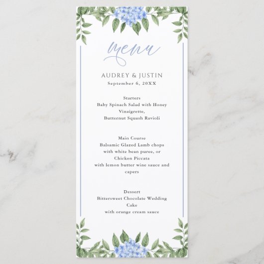 Blue Hydrangea Waterverf Flowers Wedding Menu (Voorkant)