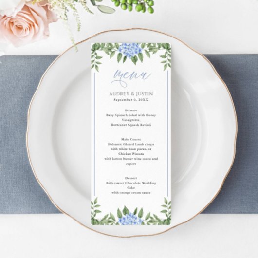 Blue Hydrangea Waterverf Flowers Wedding Menu