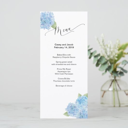 Blue Hydrangea Waterverf Menu (Staand voorkant)