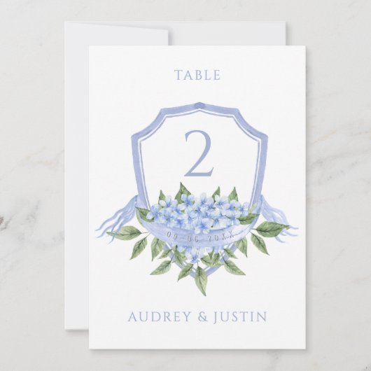 Blue Hydrangea Wedding Crest Table Kaart (Voorkant)