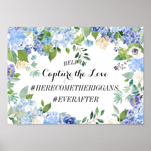 Blue Hydrangea Wedding Hashtag Sign Poster (Voorkant)