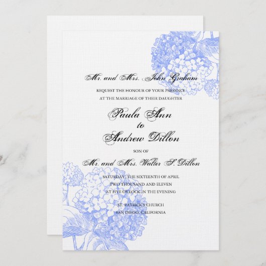 Blue Hydrangea Wedding Invitation Kaart (Voorkant / Achterkant)