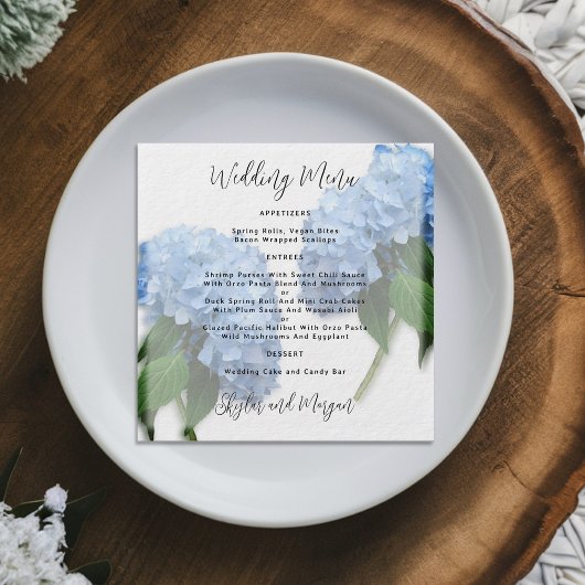 Blue Hydrangea Wedding Menu Round Kaart