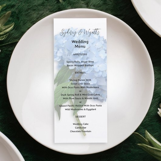 Blue Hydrangea Wedding Menu Tall Paper Sjabloon Kaart