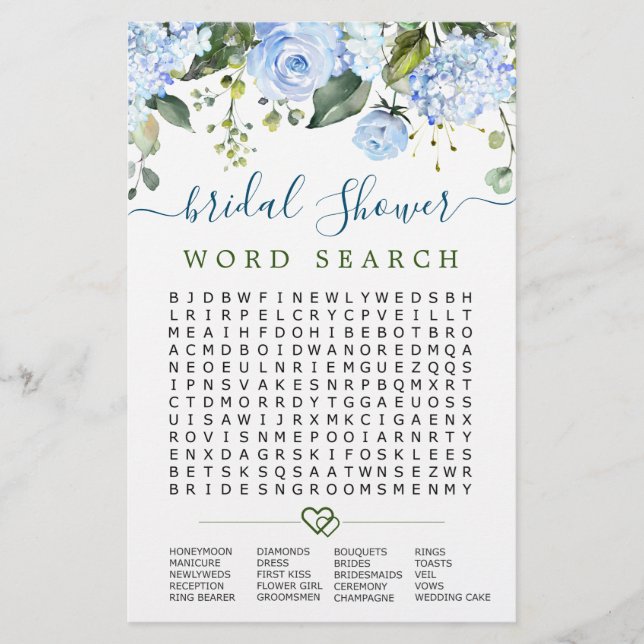 Blue Hydrangea Word Search Vrijgezellenfeest Game (Voorkant)