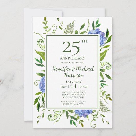 Blue Hydrangeas 25th Jubileum Invitation Kaart (Voorkant)