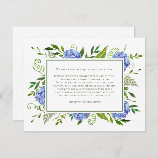 Blue Hydrangeas 80e carte d'anniversaire Demande (Devant / Derrière)