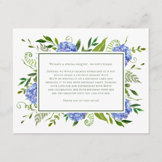 Blue Hydrangeas 80e carte d'anniversaire Demande (Devant)