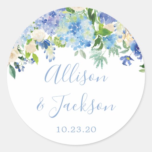 Blue Hydrangeas Bloemen Bruiloft Ronde Sticker (Voorkant)