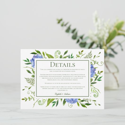 Blue Hydrangeas Bloemen Waterverf Bruiloft Details Informatiekaartje (Staand voorkant)