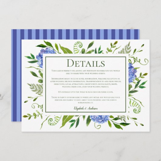 Blue Hydrangeas Bloemen Waterverf Bruiloft Details Informatiekaartje (Voorkant / Achterkant)