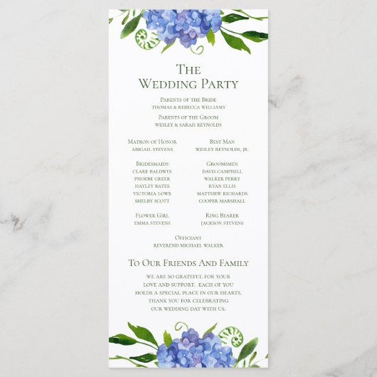 Blue Hydrangeas Bloemen Waterverf Trouwprogramma Programma (Achterkant)