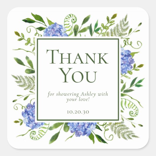 Blue Hydrangeas Boy Baby shower Bedankt Vierkante Sticker (Voorkant)