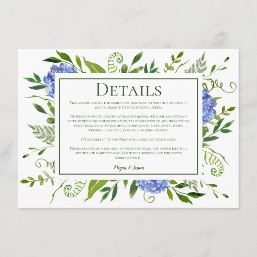 Blue Hydrangeas bruiloft details Informatiekaartje (Voorkant)