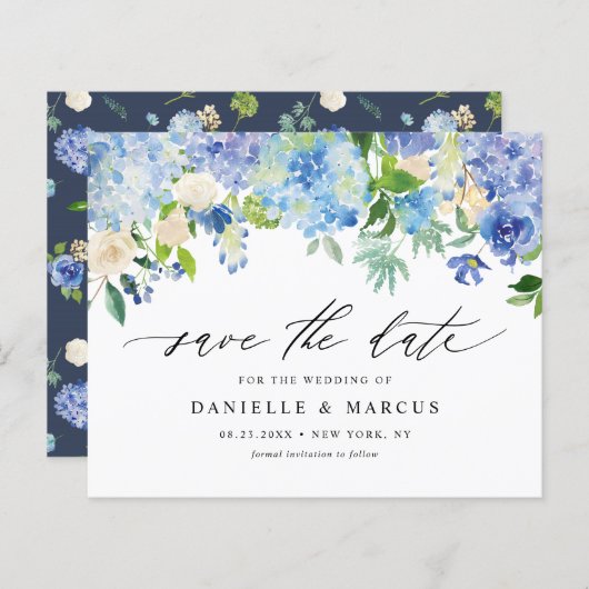 Blue Hydrangeas en Ivory Rozen Save the Date (Voorkant / Achterkant)