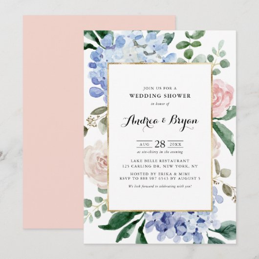 Blue Hydrangeas en Roses Wedding Shower Kaart (Voorkant / Achterkant)