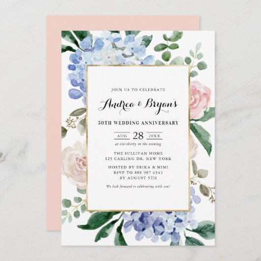 Blue Hydrangeas en Roze Rozen Bruiloft Jubileum Kaart (Voorkant / Achterkant)