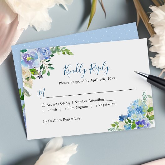 Blue Hydrangeas Floral Chic Wedding RSVP Kaartje