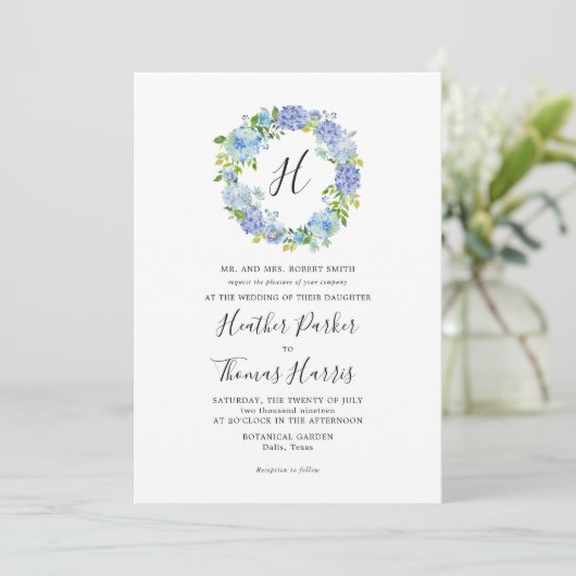 Blue Hydrangeas Floral Monogram Weddenschap Kaart (Staand voorkant)