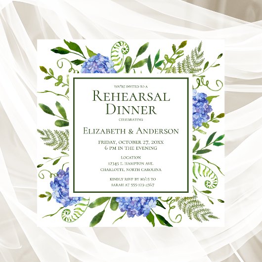 Blue Hydrangeas Floral Rehearer Dîner Invitation