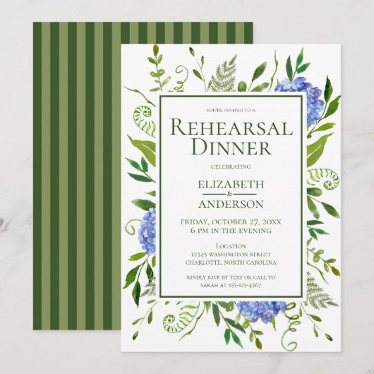 Blue Hydrangeas Floral Waterverf Rehearings Dinner Kaart (Voorkant / Achterkant)